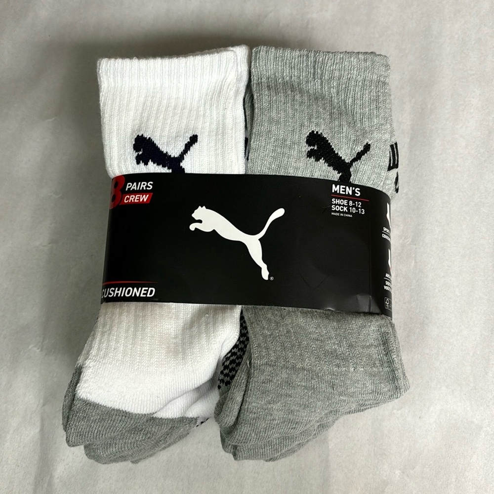 New Puma Socks Package 8 Pairs Men’s White & Gray Cushioned Crew Socks Casual